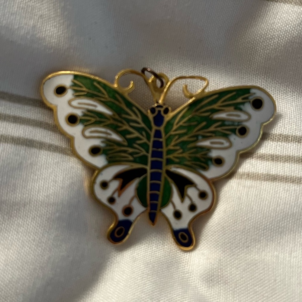 Brooch, butterfly, pen, green blue white with gold trim. size 1 3/4 x 1 1/4.
